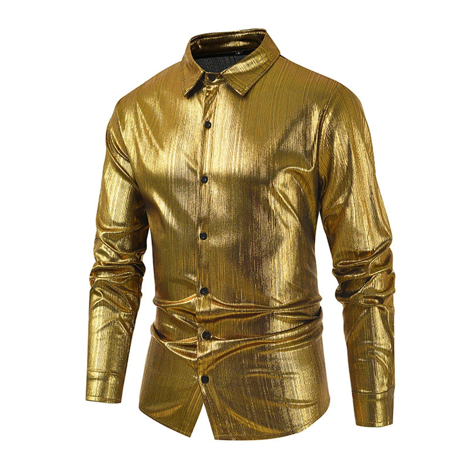 Camisa masculina metálica brilhante de manga comprida para roupa de ...