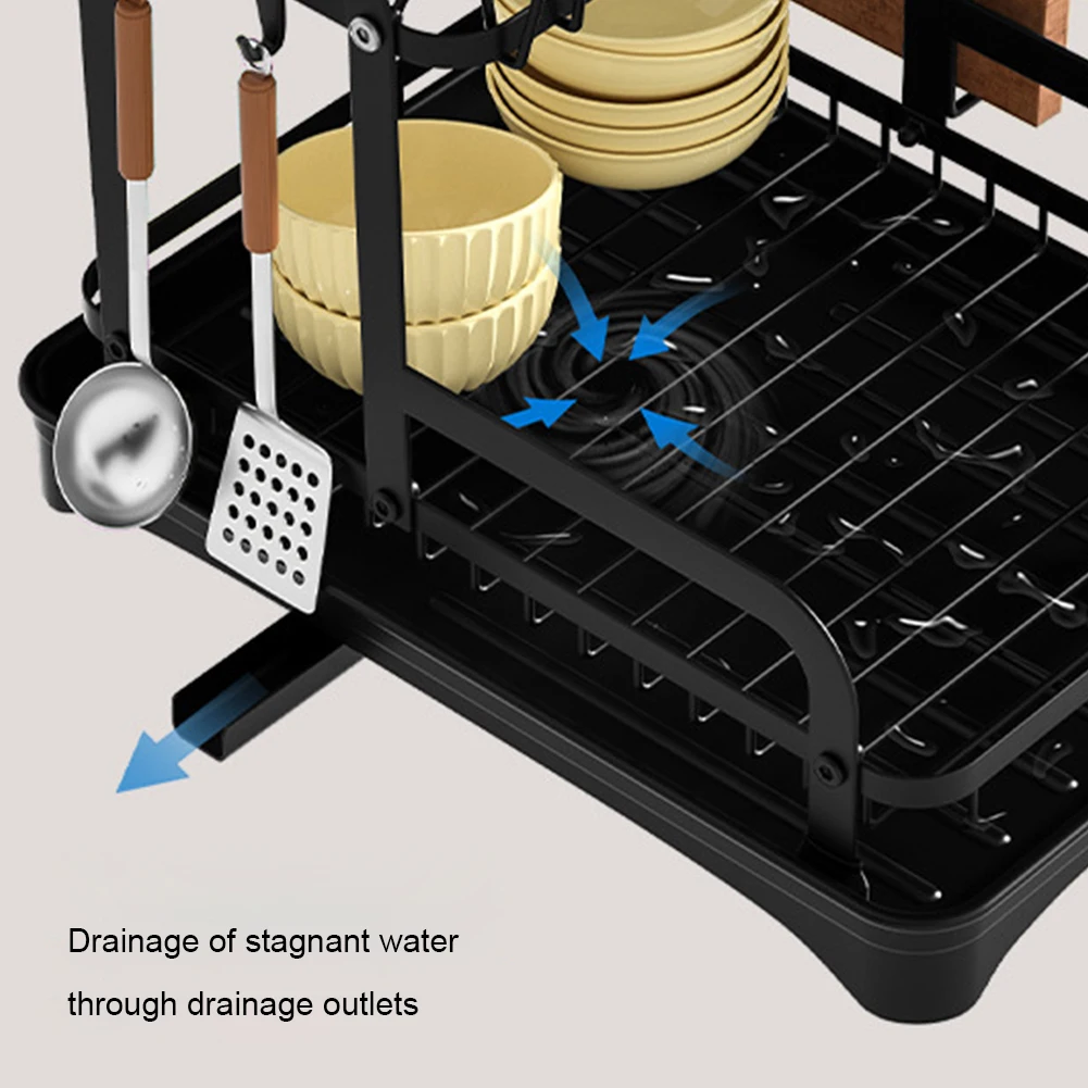 2 Tier Dish Drainer with Drip Tray Dish Rack Cup Holder Kitchen Sink Organizer Cutting Board Holder 360-Degree Retractable Drain