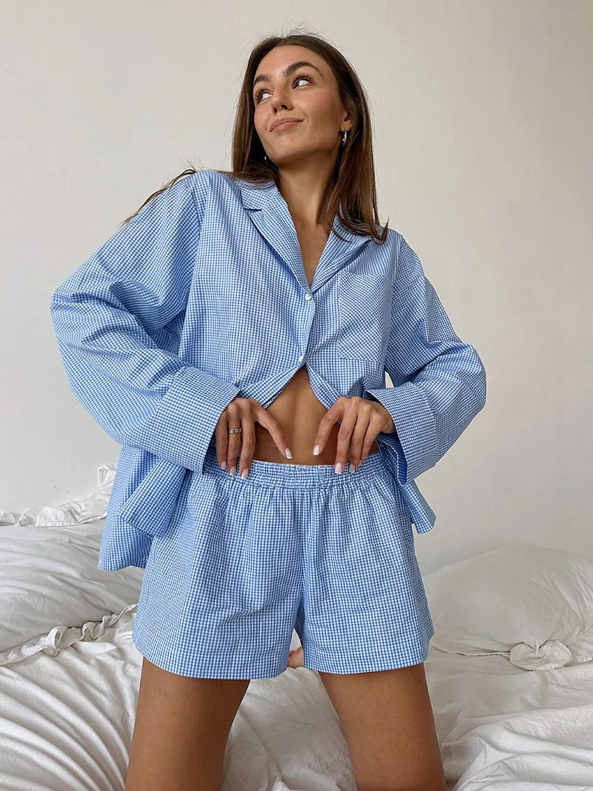 

Marthaqiqi Plaid Loose Femme Pajama 2 Piece Suit Long Sleeve Nightwear Sexy Turn-Down Collar Sleepwear Casual Shorts Nightie Set