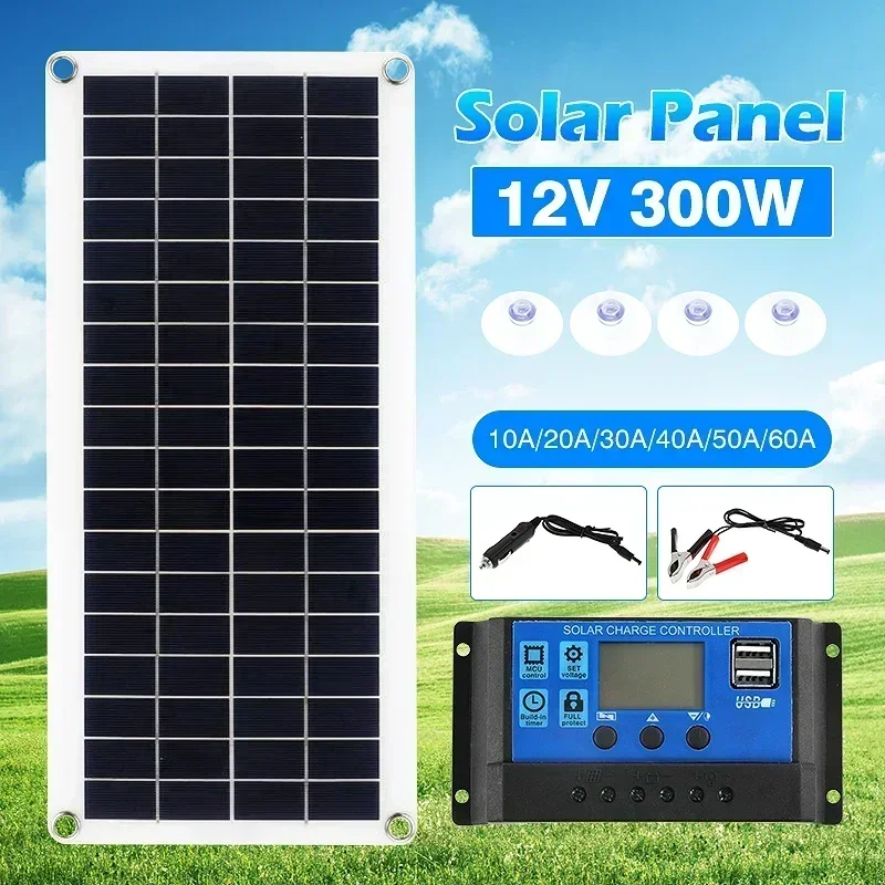 300W Flexible Solar Panel 12V Battery Charger Dual USB With 10A-60A Controller Solar Cells Power Bank for Phone Car Yacht RV solar panel kit solar controller foldable solar charger