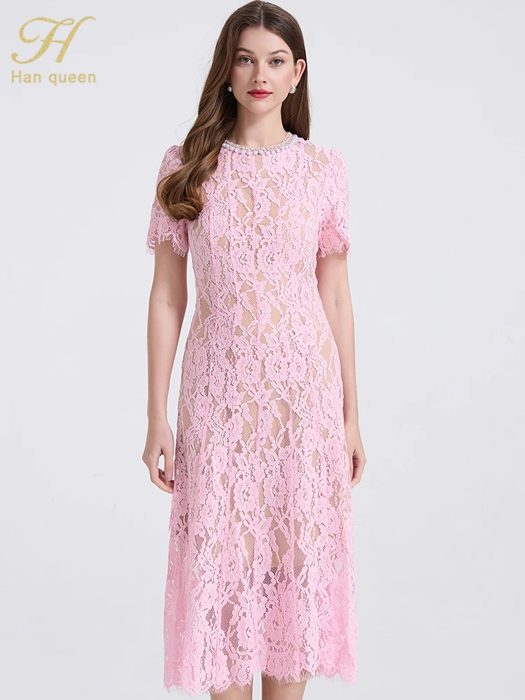 H Han Queen Summer Vintage Holiday Lace Hollow Out Prom Dress For Women's  Summer Slim Elegant Short Sleeve Simple Long Dresses - AliExpress 200000345