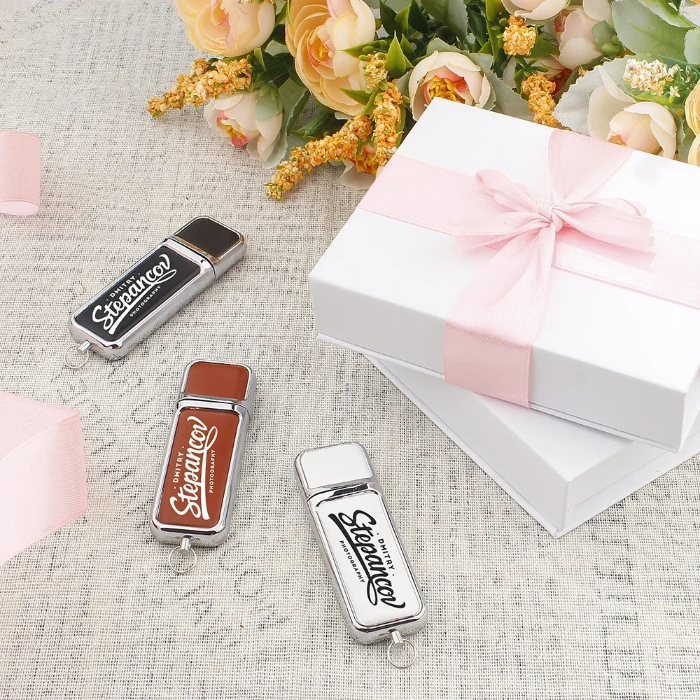 30개 고속 USB 3.0 플래시 드라이브 무료 맞춤 로고 128GB 화이트 블랙 가죽 펜 드라이브 64GB 메모리 스틱 박스 웨딩 선물