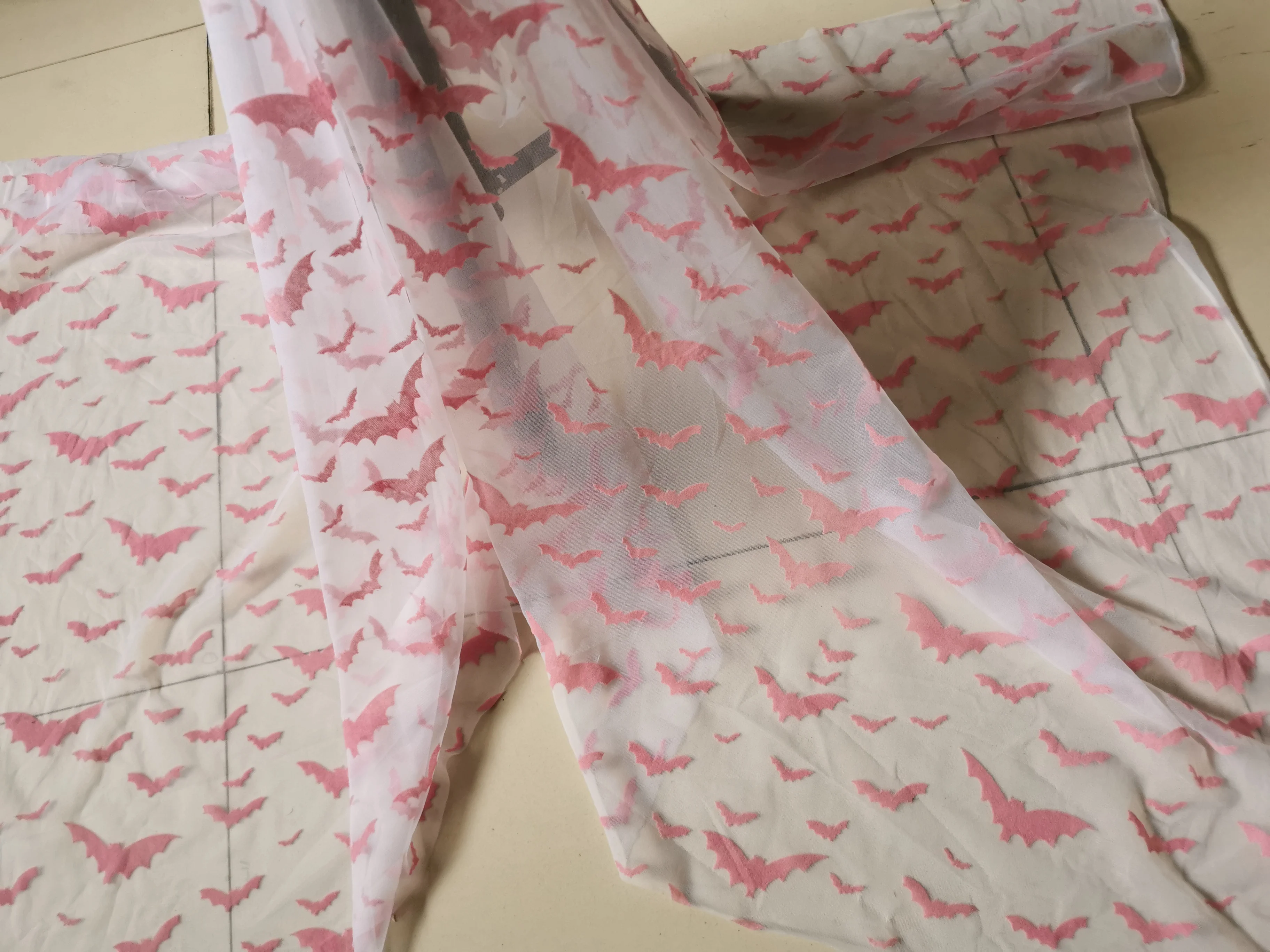 Halloween Fabric Tull Mesh fabric with bats pink bats flocked on tull