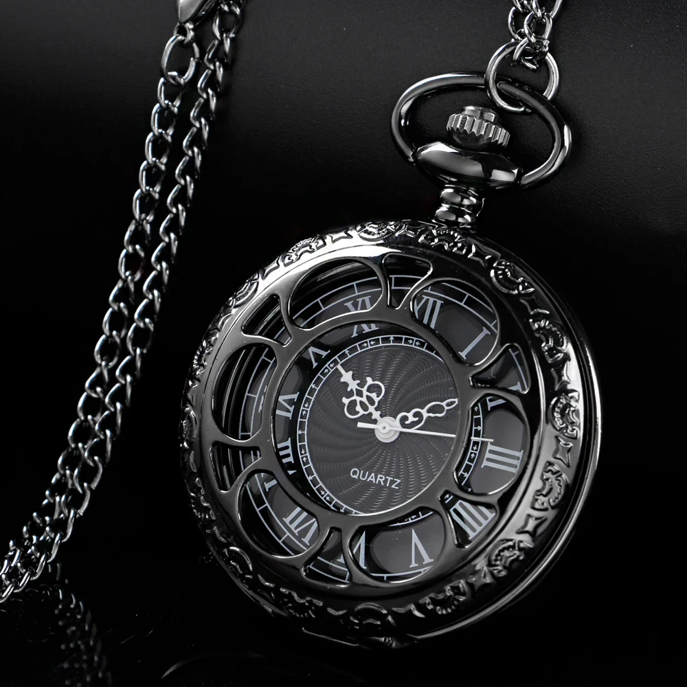 Black Hollow Fashion Pocket Watches For Women Unisex Vintage Skeleton Quartz Pocket FOB Watch Necklace Pendant Souvenir