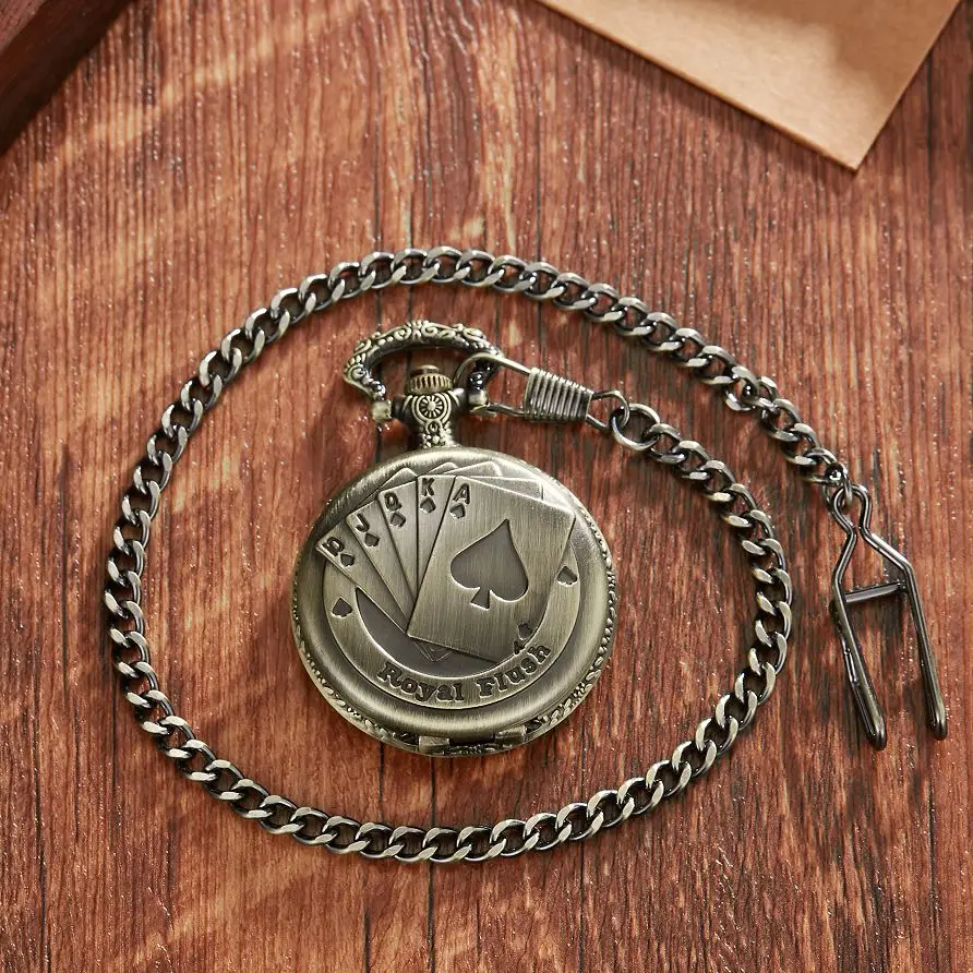 Antique Bronze Royal Flush Poker Mechanical Pocket Watch Women Necklace Chain Rterofob watches gifts