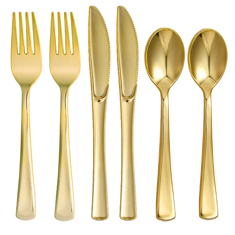 10pcs Electroplated Gold Plastic Knife Fork Spoon Birthday Party Disposable Knife Fork Spoon Tableware