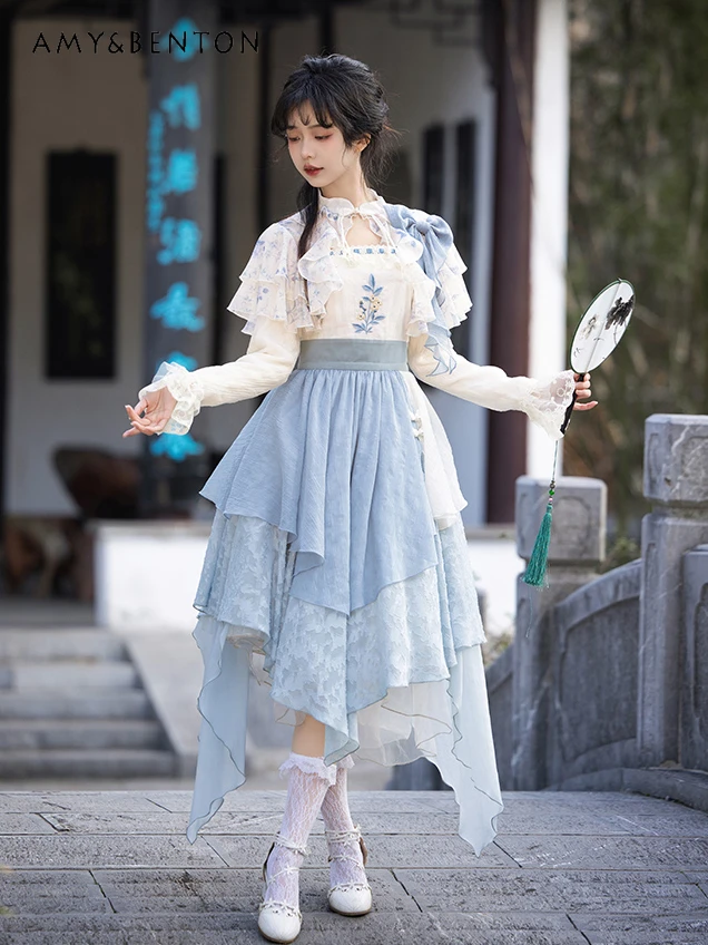 

Elegant Gentle Daily Lolita Dresses Sweet Flowers Embroidery Stitching High Waist Slim Irregular Fake Two Piece Dress for Women