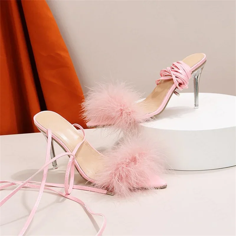 Sexy pointed toe high-heeled stiletto sandals popular summer new large size one-line hairy strappy net red shoe designer sandal