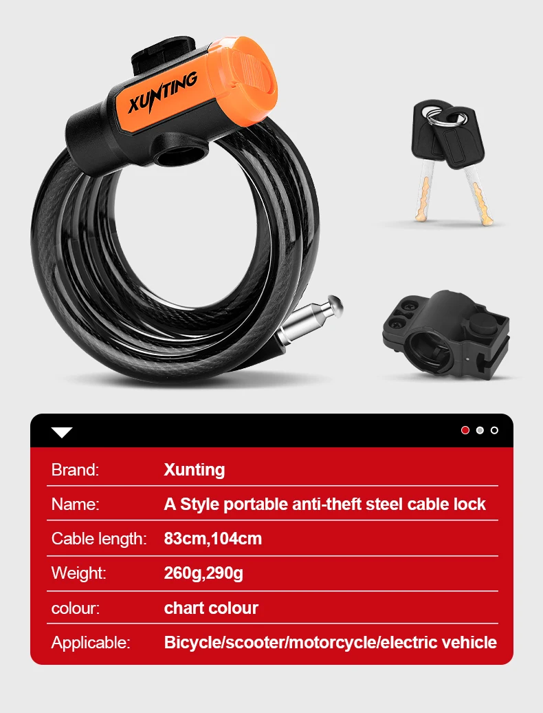 Description Picture 4 of itemXunting Bike Lock Coiled Secure Keys Bike Cable Lock with Mounting Bracket Weathproof Anti Theft Scooter Bicycle Lock