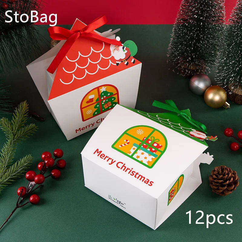 

StoBag-Christmas Ribbon Gift Box Candy Packaging Chocolate Cookies Other Holiday Supplies Wedding Kids Birthday Party New 12Pcs