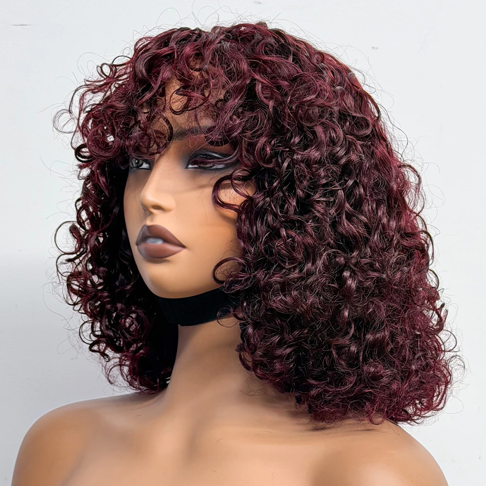 Water Wave Human Hair Wig with Bang 230% Density Double Drawn Glusless Wig Full Machine Made Short Bob Wig For Black Women