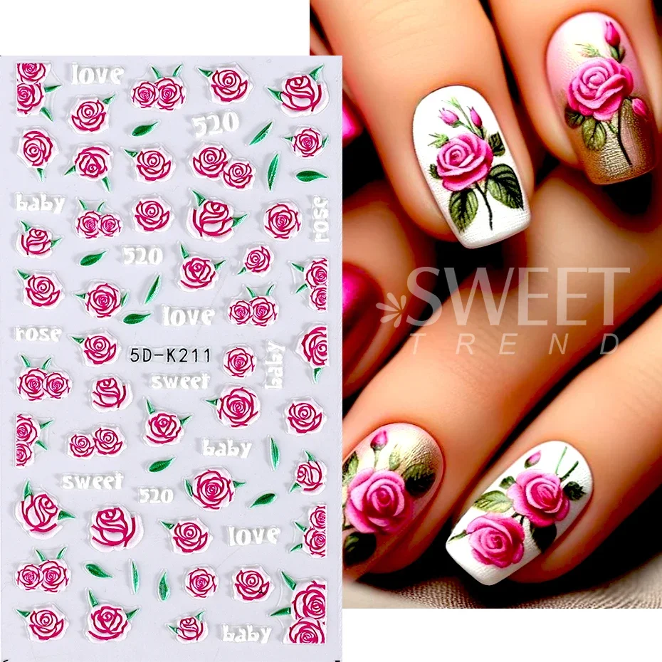 Red Rose Flower Nail Art Stickers 5D Embossed Self-Adhesive Spring Flowers Leaves Design Decals for Women Valentine Decoration