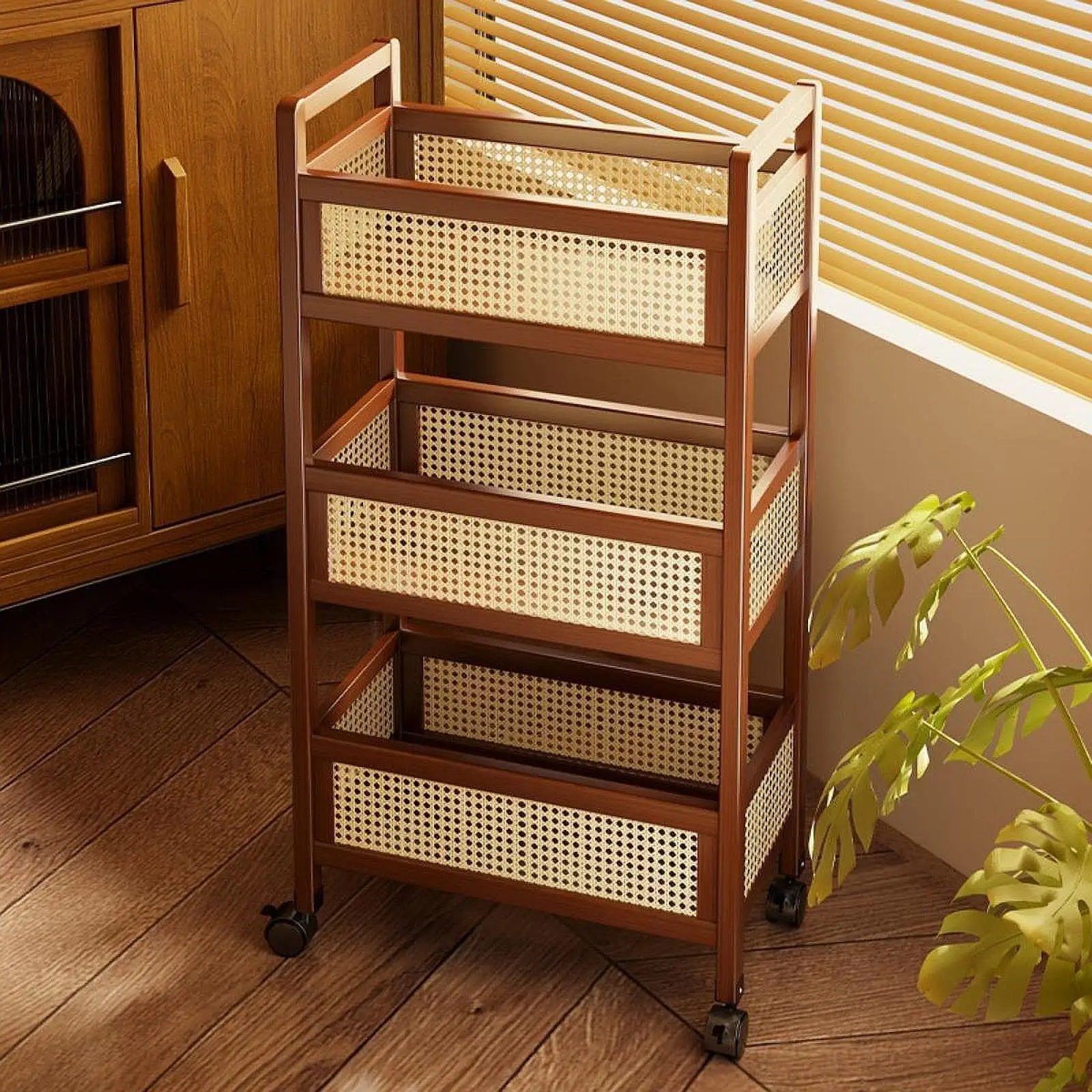 Wooden 3 Tier Rolling Utility Cart with Baskets Quick Installation for Home Office Versatile with Wheels 50x26x93cm Mobile Cart