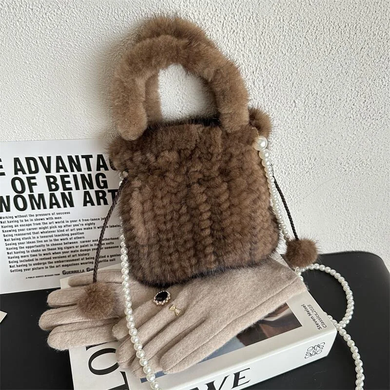 High Quality Natural Luxury Mink Women's Round Bucket Bag Large Capacity Crossbody Bag Stylish Women's Charm Leather Handbag