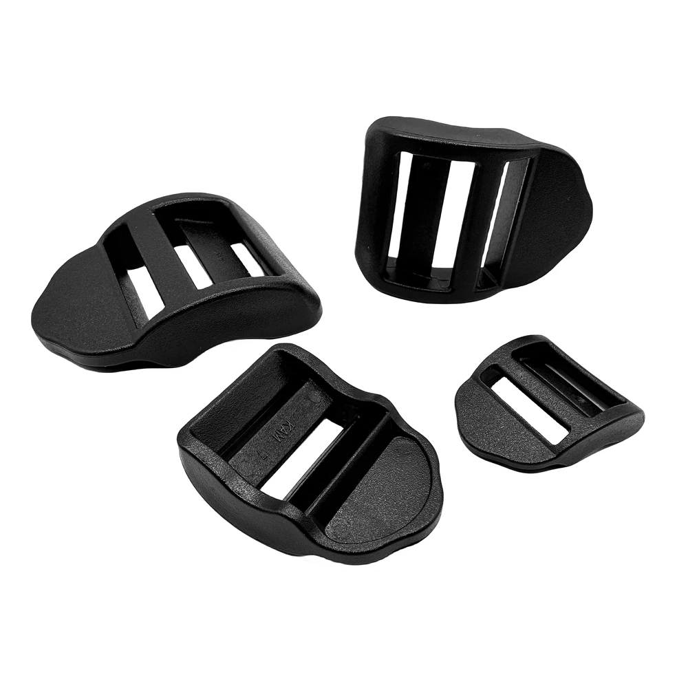 5 Stück/Packung, schwarze Leiter-Schloss/Tri-Glide-Schieber, Kunststoffschnallen für Rucksackgurte, Gurtband, 20–38 mm – Detail 6
