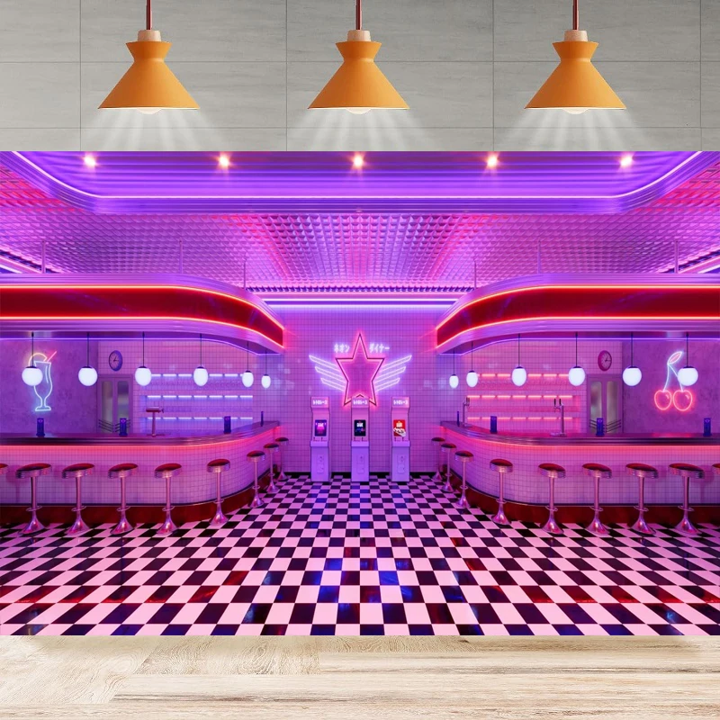 Retro 50S Diner Photography Background 1950S Arcade Machine Jukebox Fast Food Soda Shop Dinning Party Sfondo Wall Banner Decor