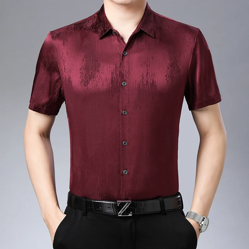 

Роскошная мужская рубашка из 93% шелка и 7% спандекса, Высококачественная гладкая летняя модная мягкая удобная рубашка с короткими рукавами, Новинка