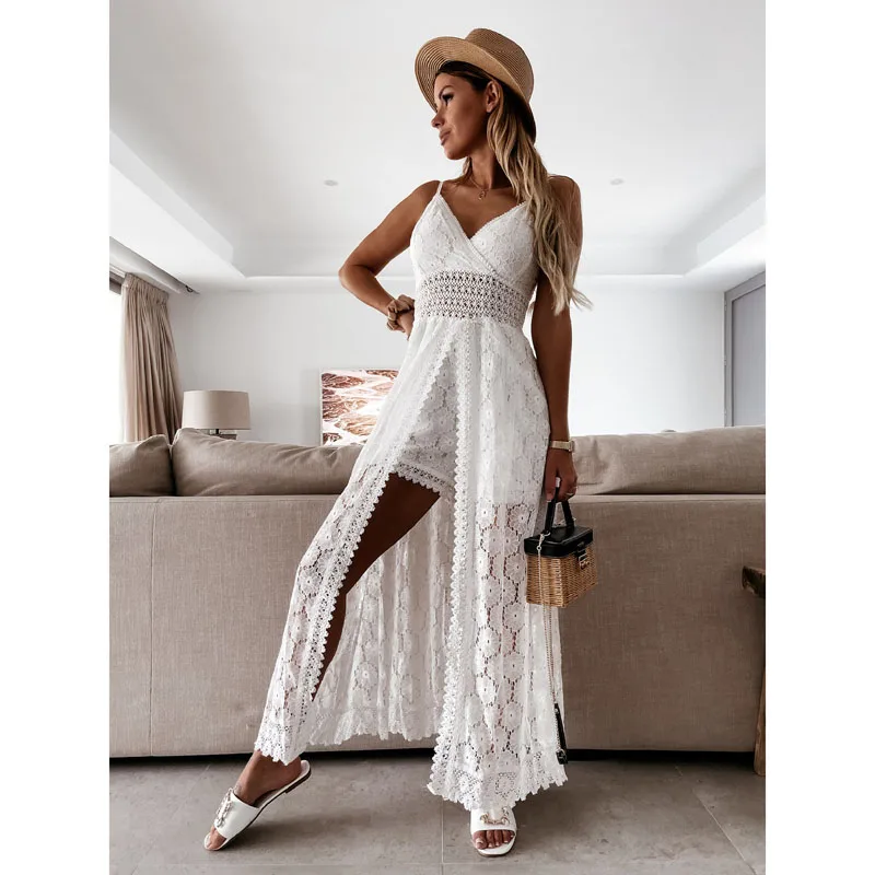 Summer V Neck Solid Color Lace Hollow-Out Sleeveless Sling Party Wear High Waist Rompers Holiday Casual White Women's Jumpsuit