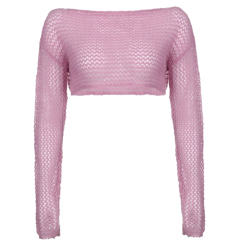 

Pink Knitted Shrugs Cropped Tops for Women Chic Tee Loose Hollow out Smock Tops