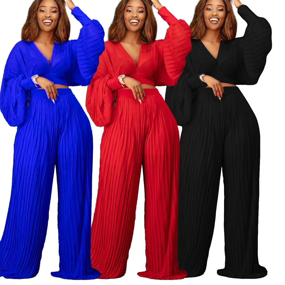 

2023 Summer African Clothing for Women Dashiki Ankara Pleated V-neck Crop Tops Wide Leg Pants 2 Piece Sets Turkey Party Outfits