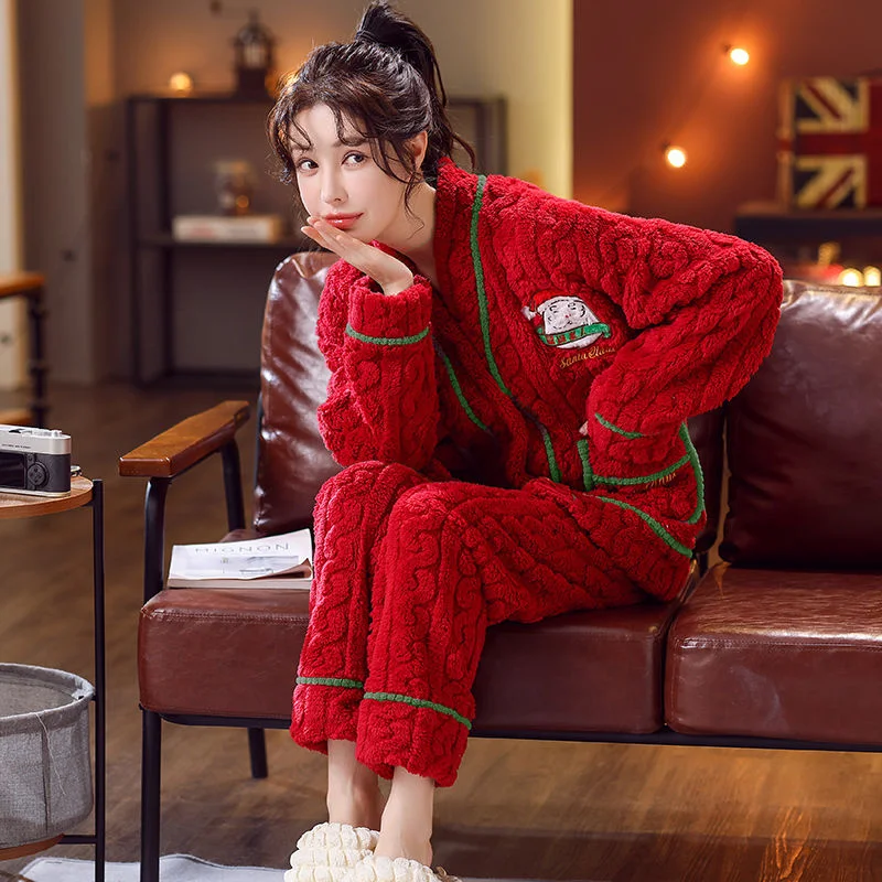 Sleepwear Women's Autumn Winter Sets New Flannel Plush Thickened V-Neck Cardigan For Home Wearing Christmas Set Red Pajamas Thic