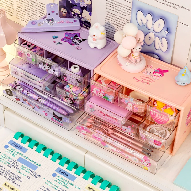 Sanrio 6 Grid Storage Box Desktop Drawer-type Transparent Organizing Box Desk Pen Holder Send Kuromi Melody Cinnamoroll Stickers desktop storage box
