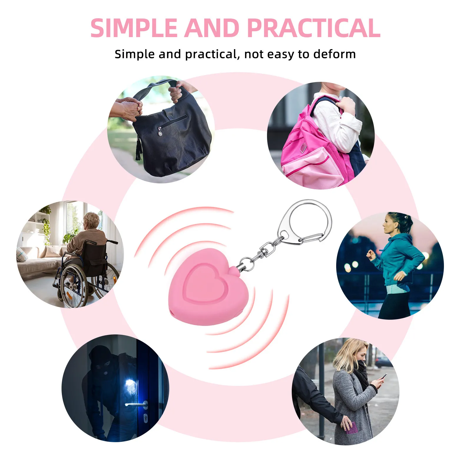 하트 모양의 개인 경보 LED 조명 여성 어린이를위한 높은 데시벨 130Db 비상 보안 장치 휴대용 키 체인 야외