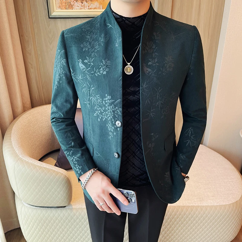 Men's New Chinese Stand Collar Blazer Jacket Fashion Elegant Printed Slim Fit Business Suits Jacket Tailcoat Men Clothing