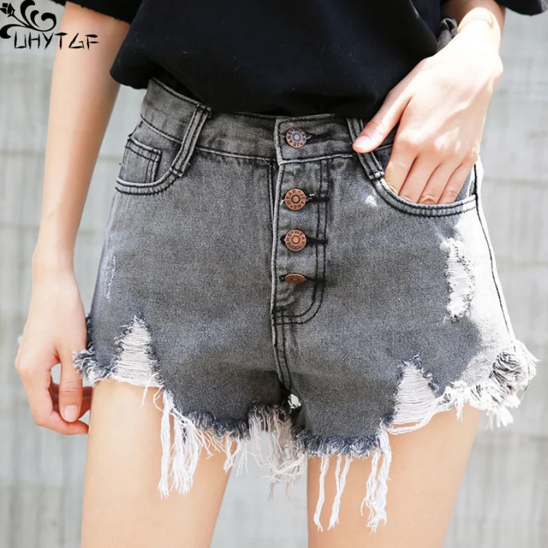 

UHYTGF Denim Shorts For Women Summer New Korean High Waist Hole Single Breasted Raw Edge Wide Leg Hot Pants Female Jeans Shorts