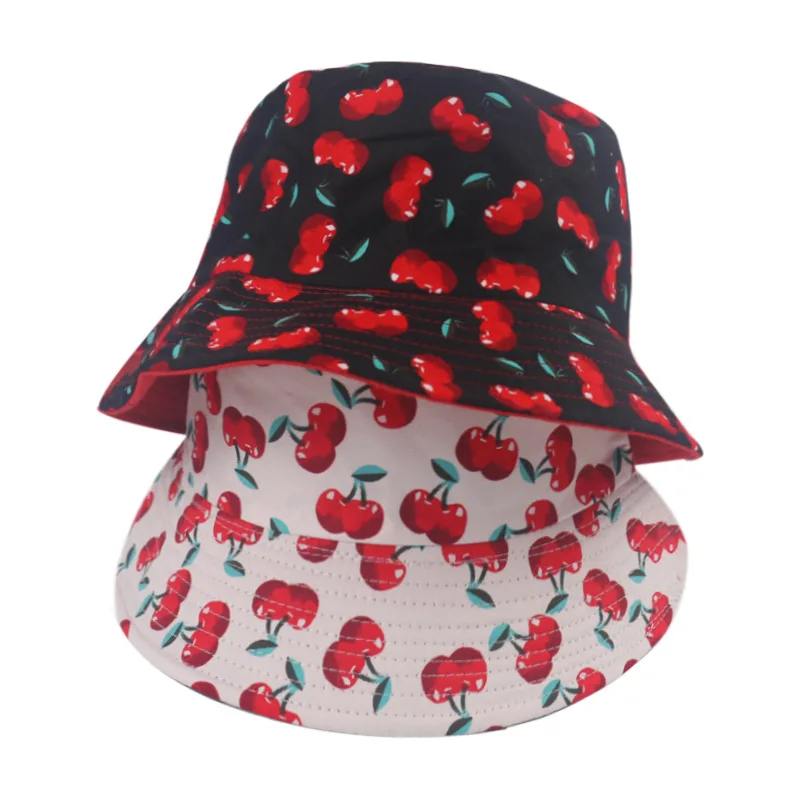 2022 New Black White Fruit Cherry Bucket Hats For Women Two Side Reversible Fisherman Hat Panama Bob Hat Summer Sun Hat