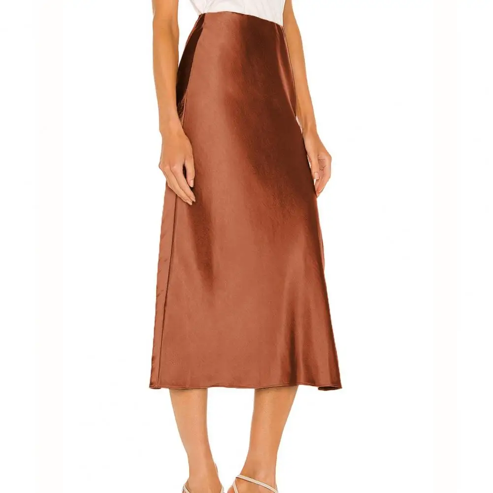 

High Waist Skirt High Waist A-line Midi Skirt Elegant Solid Color Side Slit Design Smooth Satin Fabric for All-day Summer Wear
