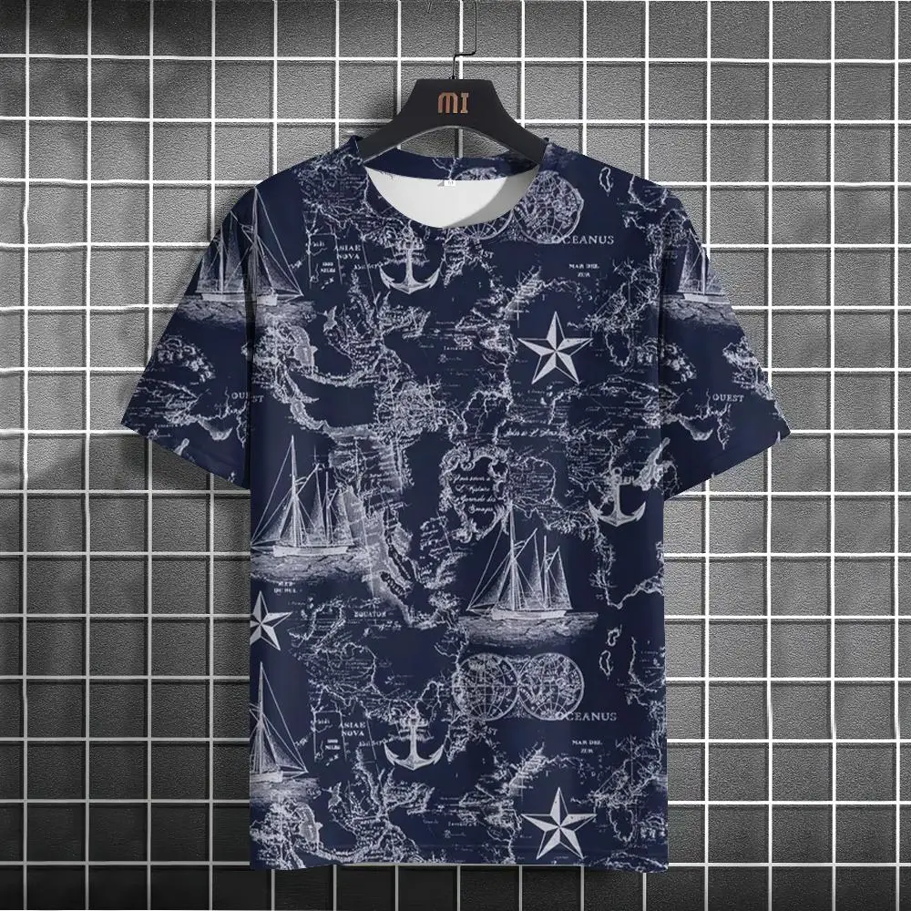 thumbnail image 1 of Camiseta con estampado náutico para hombre, camisetas de manga corta con patrón de brújula, ropa informal de verano para hombre, camisetas de moda para uso diario, 1 of 5