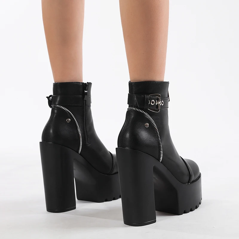 Gdgydh Front Zipper Platform Block Heel Boots for Women Black