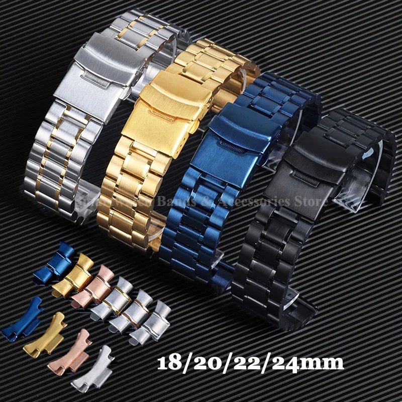Elegant Stainless Steel Curved End Watch Bracelet with Metal Folding Buckle