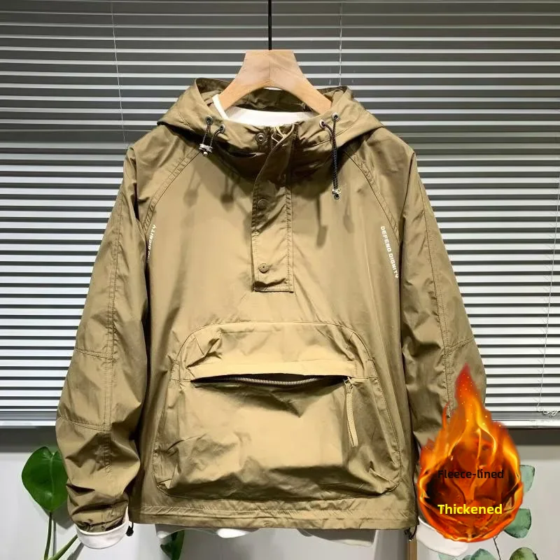 thumbnail image 1 of Chaqueta con capucha de primavera para hombre, jersey con bolsillo grande y cremallera, chaqueta holgada impermeable con forro polar, chaqueta de moda, longitud de Material fino, 1 of 5