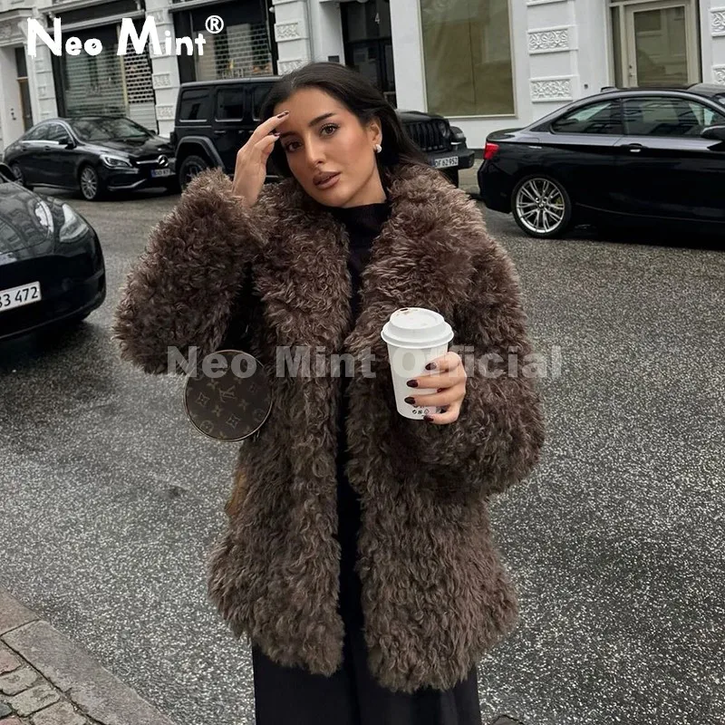 Neo Mint 2025 Lulicore marron chocolat col à revers fausse fourrure veste manteau femmes hiver épais isolation doublure agneau fourrure pardessus