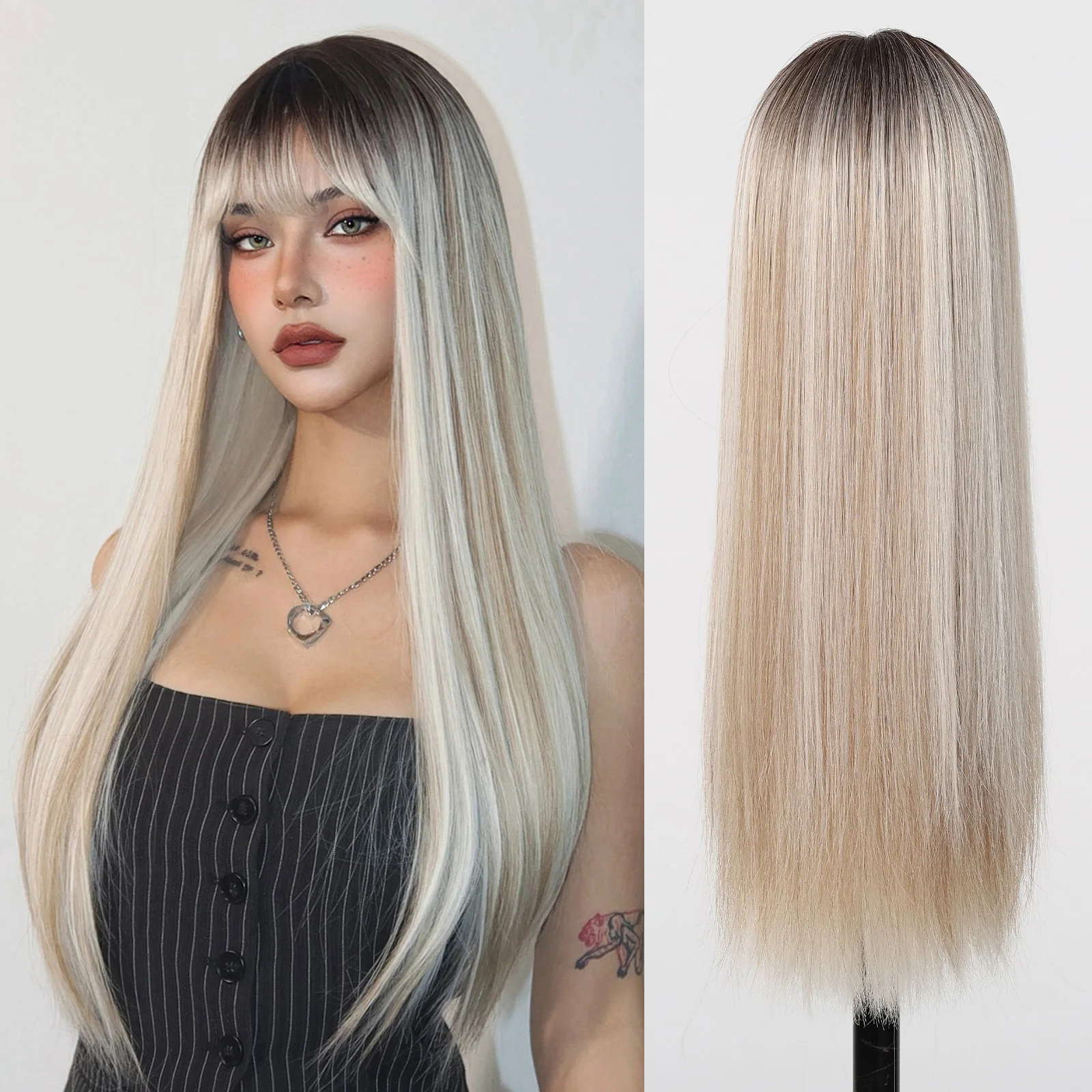 Long Straight Platinum Wigs with Bangs Brown Blonde Ombre Hair ...