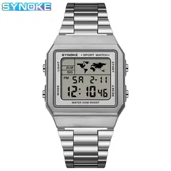SYNOKE Stainless Steel Chrono Sport Men's Waterproof Digital Wristwatch with Backlight (Silvery)