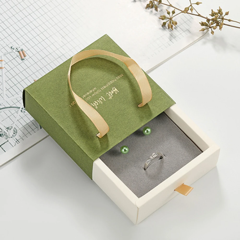 24pcs Dark Green Jewelry Handle Paper Box Cardboard Drawer Case with Grey Sponge for Ring Earring Pendant Necklace Perfume Soap 12 thick white paper whole set ring earring bracelet pendant necklace packaging drawer gift boxes sliding organizer jewelry box