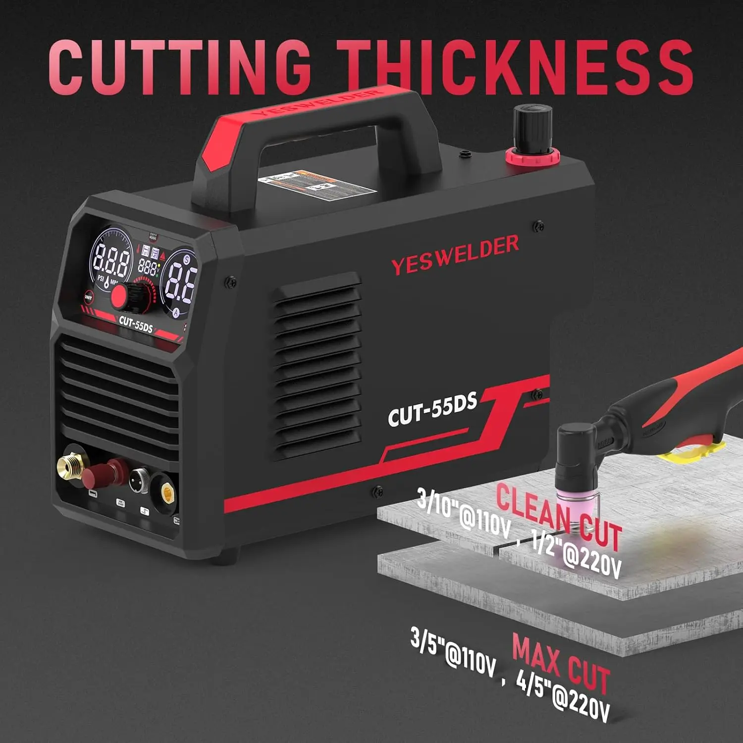 CUT 55DS Plasma Cutter 55Amp Non Touch Pilot Arc Air Power Large Digital Display 110 220V Dual Voltage IGBT Inverter Plasma