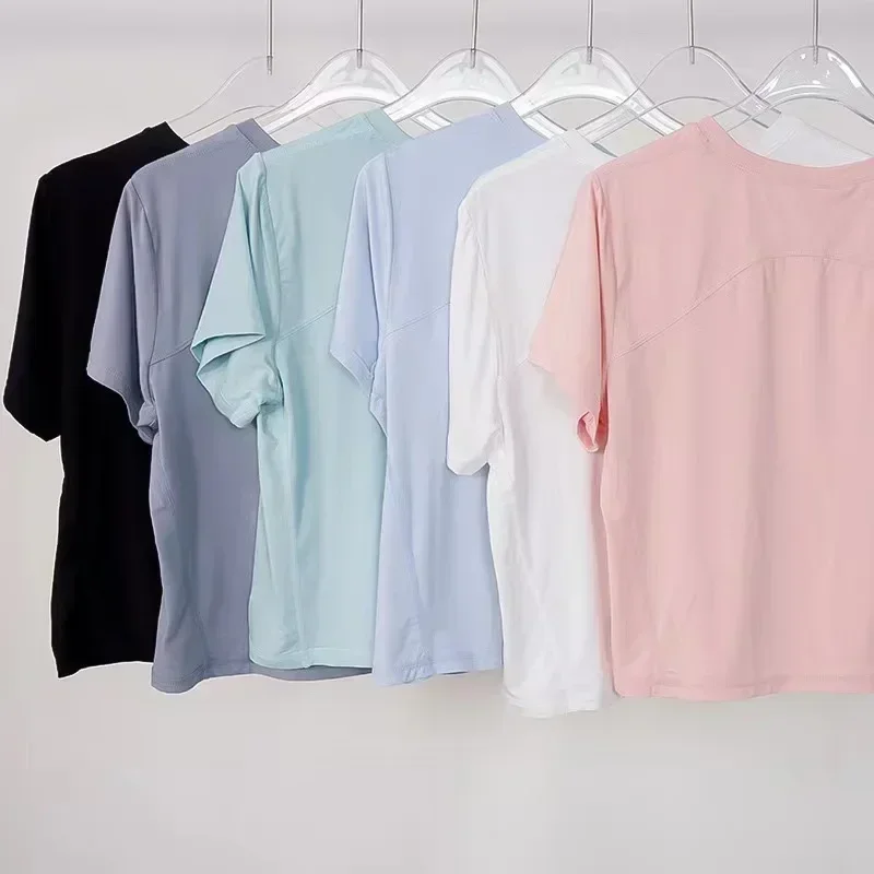 Women Summer Solid Color Short Sleeve Top Ladies Loose Elastic Breathable Sports Yoga Dance Gym Sports Leisure T-Shirt