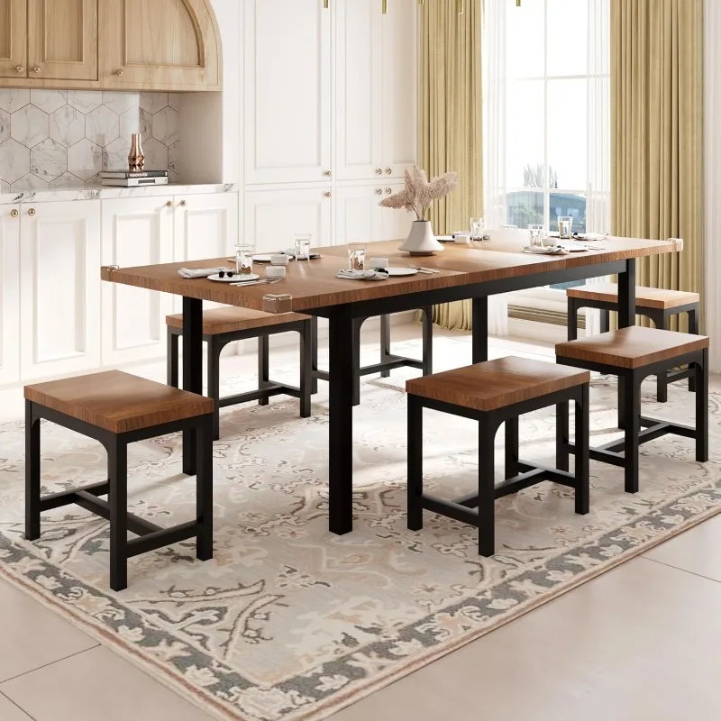 

7-Piece Dining Table Set with 6 Stools, 63" Large Extendable Kitchen Table Set for 4-8, Mid-Century Dining Room Table with Heavy