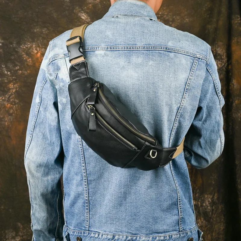 New Genuine Leather Chest Bag For Men Vintage Waist Pack Crossbody Bag Luxury Fanny Pack Male Strap Shoulder Bag