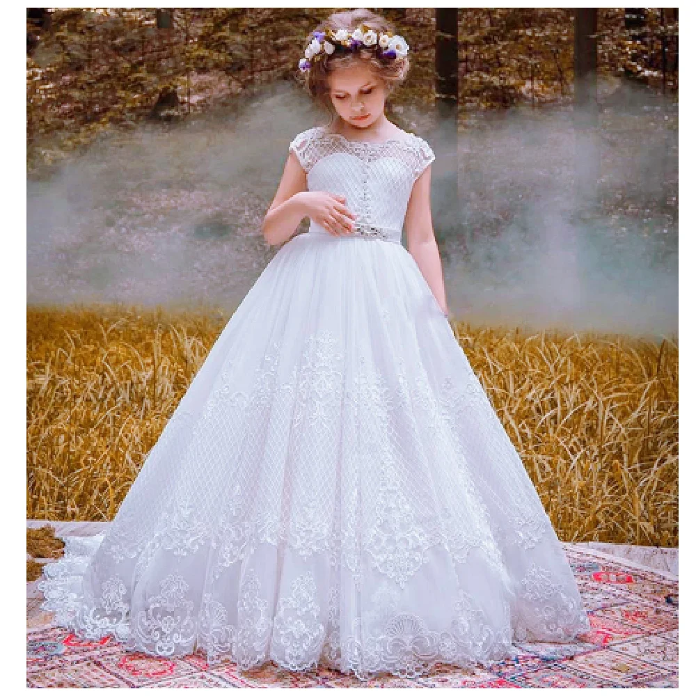 

Lvory Lace Applique Long Flower Girl Dress Elegant Birthday Child Pageant Wedding Prom Holy Communion Party Banquet Dress