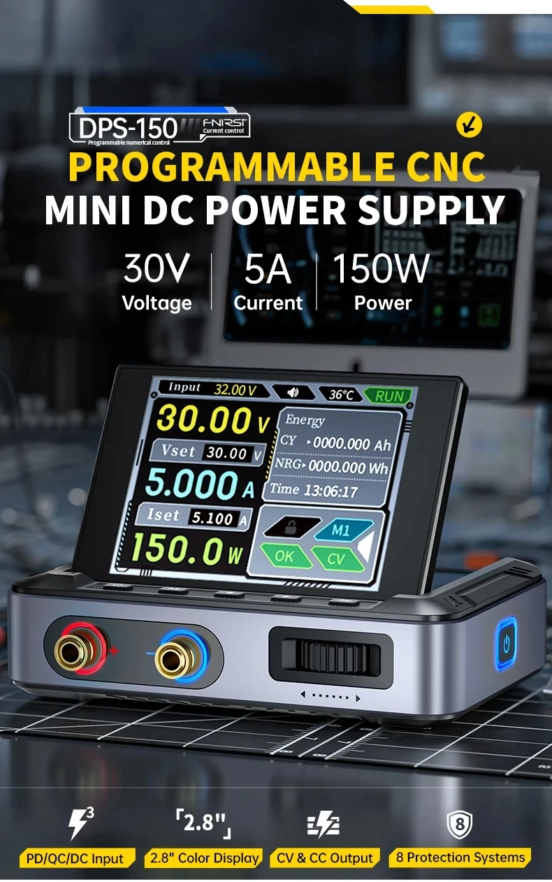 Description Picture 2 of itemFNIRSI DPS-150 Laboratory DC Power Supply CNC Adjustable 30V 5A Digit Display Mini Portable Regulator Switching Power Supply