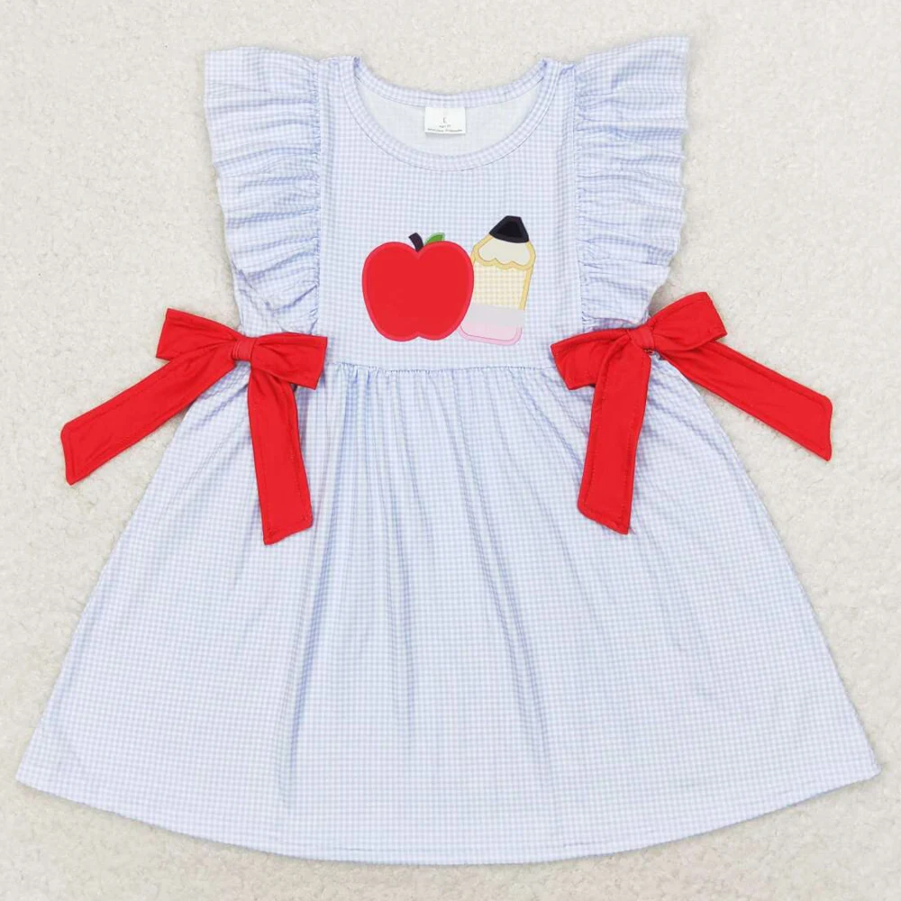 New Design Baby Girls Dress Apple Bows Back To School Knee Length Dresses Boutique Kids Children Clothing Girls Dress