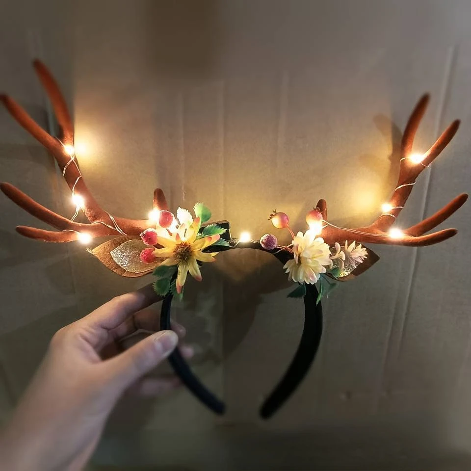 Handmade Light-Up Floral Antler Headband LED Deer Antlers Festival Costume NWOT Reindeer Antlers Light up Headbands LED Glowing Flower Elk  main image 2