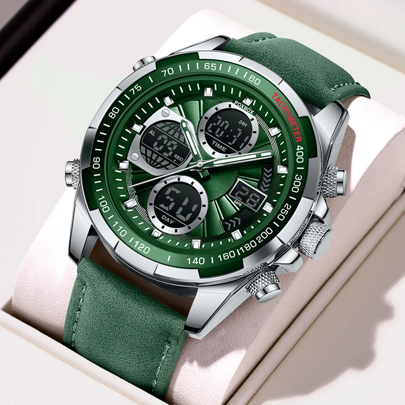 FOXBOX Mens Watches Fashion Business Military Digital Watch For Men Original Brand Luxury Leather Waterproof Sports Chronograph