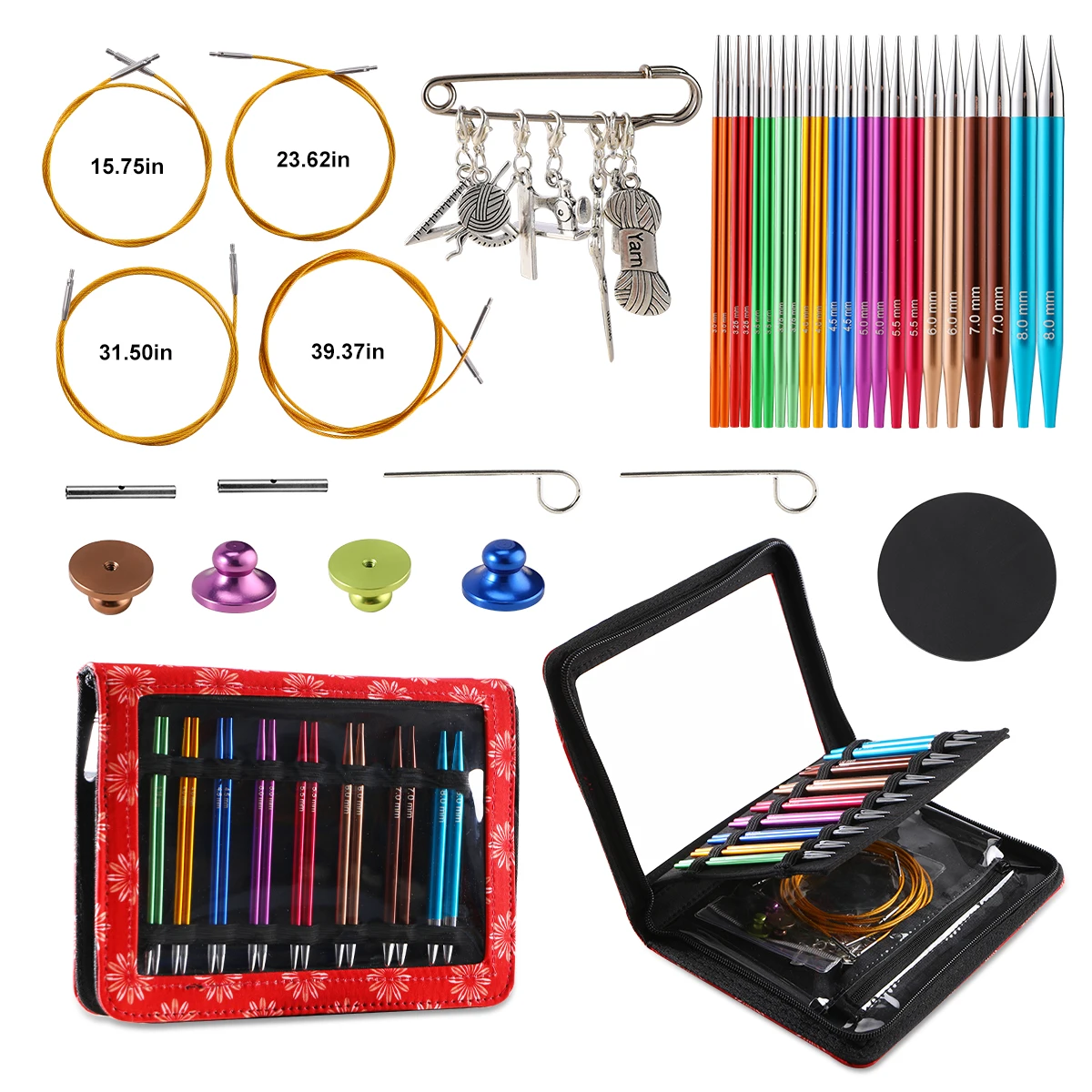 QZLKNIT Interchangeable Circular Knitting Needles Sets 22PCS Aluminun Crchet Needles Red Color Bag Sewing Tool Accessories Gift