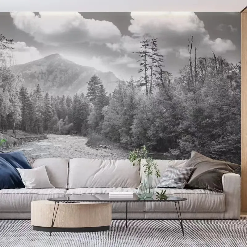 Papel de Parede Nórdico 3d Personalizado para Sala Preto e Branco Paisagem Florestal Montanha Fundo do Quarto Decoração de Parede